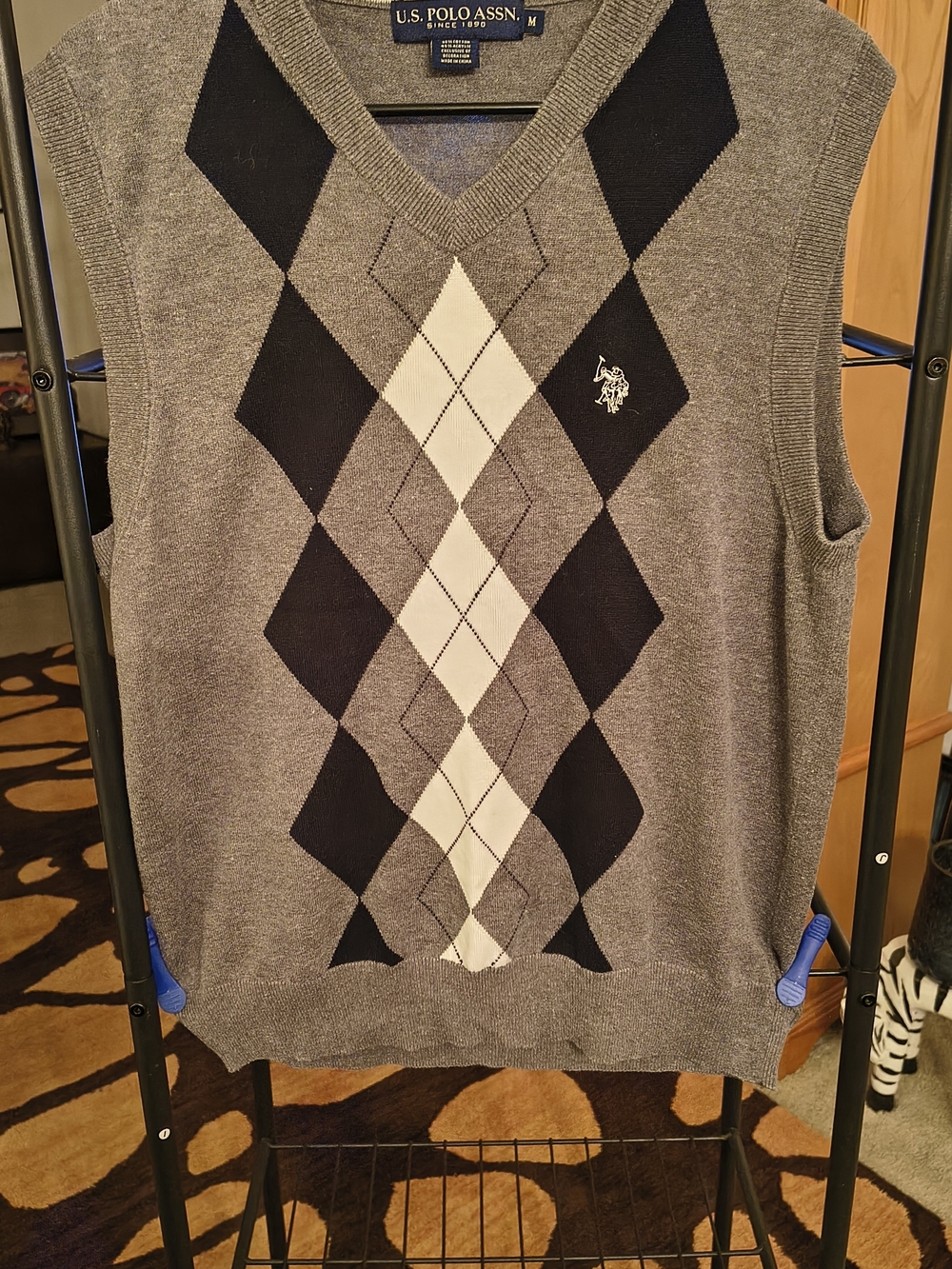 U.S. Polo Assn. Gray, Black and White Argyle V-Neck Sweater Vest